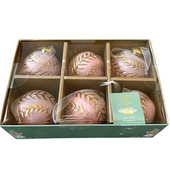 Tinsel & Fir Pink & Gold Glass Christmas Ornaments 3in Set of 6 Holiday Glam New - Picture 4 of 11